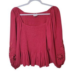 Arula Smocked Peasant Top 1X A Embroidered Balloon Sleeves Peplum Rayon Red Flor